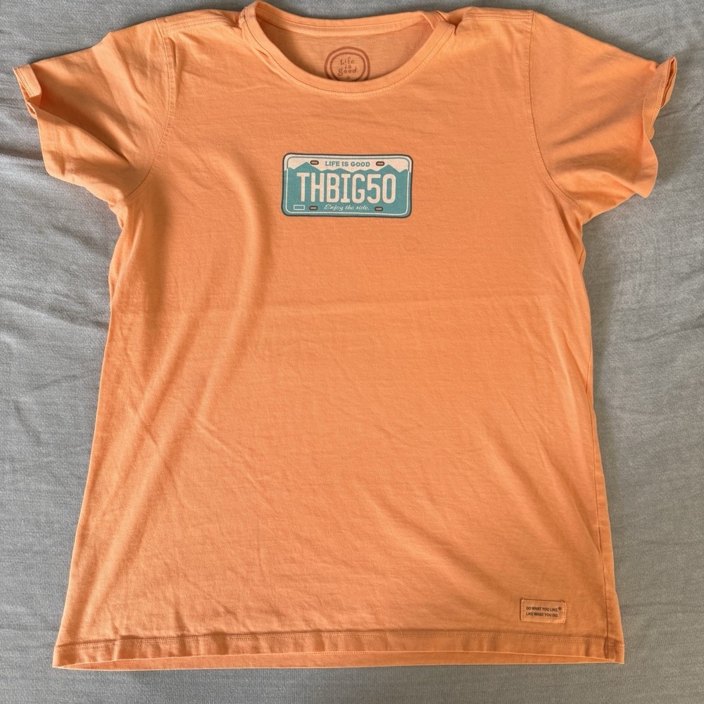 Life Is Good THBIG50 License Plate Tee Womens Large Orange Graphic Shirt
